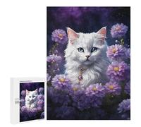 500 PCS Rompecabezas para Adolescentes White Cat with Purple Flowers Rompecabezas para Adultos Juegos De Relajación Decoración De Pared Ayuda A Ejercitar El Cerebro 500 PCS