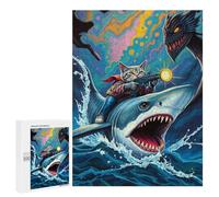 500 PCS Rompecabezas para Adultos Cat with Guns Riding Shark Rompecabezas para Adultos Juguetes Antiestrés Una Obra De Arte Difícil Y Desafiante 500 PCS