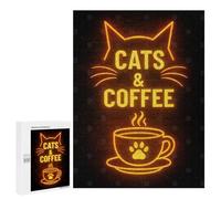 500 PCS Rompecabezas para Adultos Cats & Coffee Neon Sign Rompecabezas para Adultos Juguetes Antiestrés Pero Regalos Divertidos Y Humorísticos para Amigos Y Familiares 500 PCS