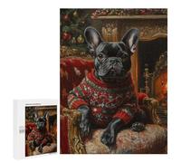 500 PCS Rompecabezas para Adultos Christmas Bulldog in Sweater by Fireplace French Bulldog in Sweater Rompecabezas para Adultos Juegos Divertidos Alivia El Estrés Desafiante De Completar 500 PCS