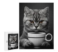 500 PCS Rompecabezas para Adultos Grey Cat with A Coffee Cup Rompecabezas para Adultos Juguete Decoración De Pared Mejora Los Recuerdos Regalos para Amigos Y Familiares 500 PCS