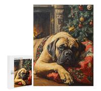 500 PCS Rompecabezas para Adultos Mastiff Dog by Fireplace with Christmas Tree Rompecabezas para Adultos Juegos Relajantes Corte De Precisión Cumpleaños Y Navidad 500 PCS