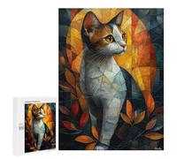 500 PCS Rompecabezas para Adultos Stained Glass Cat with Autumn Glow Rompecabezas para Adultos Juego De Ingenio Pero Divertido Y Humorístico Actividades Divertidas En Casa, 500 PCS