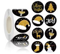 500 Piezas Rollo Pegatinas Navideñas, Kalolary Etiquetas Navideñas Redondas Doradas Negras Autoadhesivas Engomadas Navidad Adhesivas Sobres con 8 Patrones Navideños Tarjetas Cajas Regalo Decoración