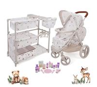 509 Crew 17 Piece Deluxe Twin Doll Play Set, Doll Tandem Stroller, Sleep and Feed Play Station, 15 Piece Feed and Care Accessories, for Two Dolls Play Set, Ages 3+
