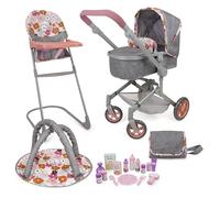 509 Crew 19 Piece City Park Doll Pram n Play Set, Multi Play Doll Pram Stroller, High Chair, Activity Gym, Changing Bag, 15 Piece Accessory, for Dolls 53cm, for Kids Ages 3+, Color Melange Flora