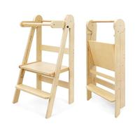509 Lofty Foldable Learning Tower, Children's Kitchen Helper, Montessori, Step Stool, Foldable Convenient for Storage, 3 Height Standing Board Adjustment, Colour Natural