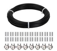 50m Cuerda de Alambre de Acero Inoxidable, Cable de Acero 3mm Recubierto PVC 7x7 con 8 Abrazaderas Cuerda, 20 Virolas de Aluminio, Suspensión Cable de Metal Tendedero Jardín Exteriores (Negro-3mm)