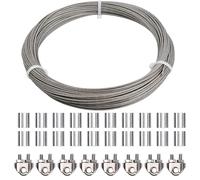 50m Cuerda de Alambre de Acero Inoxidable, Cable de Acero 3mm Recubierto PVC 7x7 con 8 Abrazaderas Cuerda, 20 Virolas de Aluminio, Suspensión Cable de Metal Tendedero Jardín Exteriores (Plata-3mm)