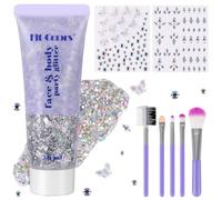 50ml Gel Purpurina Corporal Plata con 2x Pegatinas Brillantes Autoadhesivas y Pincel, DIY Gel Purpurina Cara para Festivales, Glitter Brillantina y Brillos Diamentes para Rostro y Cuerpo