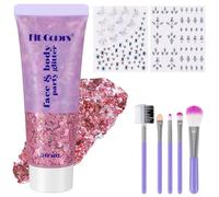 50ml Gel Purpurina Corporal Rosa con 2x Pegatinas Brillantes Autoadhesivas y Pincel, DIY Gel Purpurina Cara para Festivales, Glitter Brillantina y Brillos Diamentes para Rostro y Cuerpo