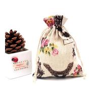50Pc 10x14cm Linen Printed Cotton Burlap Gift Bags Party Wedding Favors Drawstring Candy Nuts Jewelry Packaging Bag Baby Shower(Dandelion Red tower)