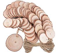 50pcs 5-6cm Rodajas de Madera + 10m Cuerda de Cáñamo para Manualidades Pintar Colgar Llaveros Bricolaje Posavasos Artesanías Decoraciones Navidad Hogar Adornos