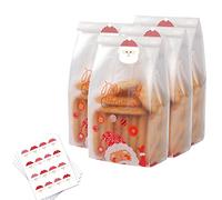 50pcs Christmas Sweet Bags Christmas Cookie Bags Translucent Treat Bags with Stickers Santa Claus Plastic Bags for Cake Candy Chocolate Snack Bakery Bread Cupcake Donuts Xmas Party Gift Wrapping Bag