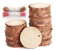 50Pcs Rodajas de Madera Natural 6-7 cm Discos de Madera Rebanada Círculos sin acabado Decoracion Navideña con agujero y 20M cuerda para Manualidades