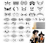 50Piezas Plantilla de Pinturas Cara con 10 rotuladores de dibujo para Niños Adulto,Plantilla de Pintura Facial Halloween Reutilizable para Fiestas de Maquillaje Carnaval
