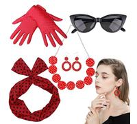 50s Women Costume Accessories - Cloth All Size | Polka Dots Headband, Chiffon Scarf | 5 Pieces Disco Outfit Fancy Dress Party Accessories For Girls