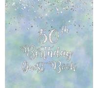 50th Birthday Guest Book: Silver Glitter on Blue Green Guest Book with Gift Log