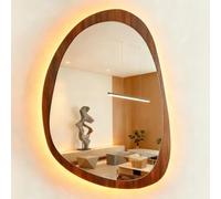 50x70cm 60x80cm Espejo De Baño LED Retro Irregular De 3 Colores, Espejo De Pared Retroiluminado Con Iluminación Antivaho Y Marco, Nogal, Negro, Interruptor Táctil(Walnut - 3 colours,50x70cm)