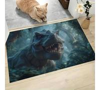 50X80Cm Alfombra Interior Antideslizante Y Absorbente Dinosaurios Feroces Bosque, Alfombra Lavable De Microfibra Pelo Corto Animales Peligrosos En 3D Para Entrada Cocina Baño Y Mascotas, Verde Oscuro