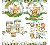 51PCS Safari Jungle Animals Vajilla De Fiesta, Jungle Animals Cumpleaños Vajilla, Safari Animals Vajilla De Fiesta Incluye Platos,Servilletas, Mantel Vasos De Papel Animals Theme Party Decoration