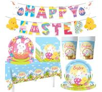 52 piezas Decoración de Pascua 2026 Vajilla de Fiesta de Pascua JynxtoyZeal Happy Easter Decoración Platos, Pancartas, Tazas, Servilletas, Manteles, 10 Invitados