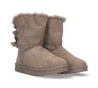 52896-Botin Plano para Mujer, Estilo Australiano, Forrado de Pelo, de Punta Redonda y con Lazos en el Contrafuerte como Detalle, Otono Invierno 2020. Talla 38 Camel