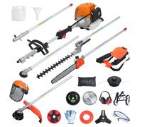 52CC 8-en-1 Gas Powered Multi-Tool, 2-Cycle Hedge Trimmer Weed Eater Brush Cutter Pole Saw Pruner with Extension Pole, 2.3KW Engine, 1.2L Fuel Tank, Auxiliary Wheel for Yard Garden Farm Orange