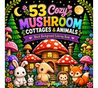 53 Cozy Mushroom Cottages & Animals: Black Background Coloring Book | Magical Forest Homes | Mushroom Cottages | Cute Woodland Animals | Teens & Adults (Midnight Black Background Coloring Series)