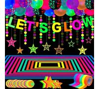 53 piezas de artículos para fiestas de cumpleaños con luz neón, barritas luminosas UV, set para fiestas, decoraciones luminosas para bodas: bandera LET'S GLOW, banderas con estrellas y triángulos
