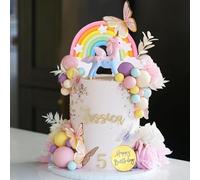 53 piezas de decoración para tartas de unicornio, arco iris, rosa, decoración de pastel de flores secas artificiales, decoración de pastel de bola colorida para niños y niñas, suministros de fiesta de