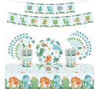 54 piezas de vajilla de fiesta de animales de dinosaurio verde, decoraciones para cumpleaños de niños, mantel, platos, pancarta, servilletas para niños con temática de dinosaurios