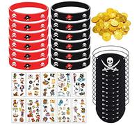 58 piezas Piratas fiesta obsequios piratas cumpleaños infantiles con pulsera de silicona para chupete, clip para los ojos piratas, tatuajes, disfraz de pirata, accesorios para fiestas piratas