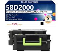 58D2000 Cartucho de Tóner de Repuesto para Lexmark MS823 MS825 MX822 MS822 MX725 MX826 Impresoras, 7500 Páginas, Alto Rendimiento,Black-2 Pack