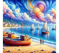 5D Barco de playa Diamond Painting Kit Completo,diamond painting Art kit para Adultos,DIY Round Cristal Pintura de Diamante Bordado Punto de Cruz Manualidades Hogar para Decoración Hogar 90x90cm
