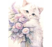 5D Bricolaje Diamond Painting, Gato con un bonito ramo, E, 30 * 40CM Kit Completo para el hogar, Diamante Arte para Pintura y Cuadro, Manualidades de Cristal, Decoración de Pared