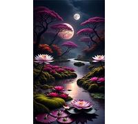 5D Diamond Art Painting,Lotus Tree River diamond painting Kits for Adults,DIY Round Full Drill Canvas Embroidery Cross Stitch,Diamond Arts Crafts Painting Pictures for Home Wall Decor 100x210cm