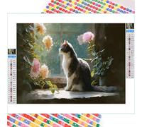 5D Diamond Painting Adultos, Gato & Flor Diamond Painting kit Completo con Lienzo Mosaico y Brillantes, Full Drill Diamantini Crystal Art, Manualidades Adultos Relajantes y Decoración, 30x40cm 2Z#303