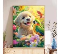 5D Diamond Painting Adultos, Perro & Loro Diamond Painting kit Completo con Lienzo Mosaico y Brillantes, Full Drill Diamantini Crystal Art, Manualidades Adultos Relajantes y Decoración, 50x65cm 2Z#595