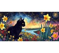 5D Diamond Painting Flores gatos negros, Pintura Diamante, Diamond Painting Kit Completo Niños, DIY Manualidades Adultos Pintura de Diamante Para Decor De Pared Del Hogar, Regalos Mujer 70x140cm R-405