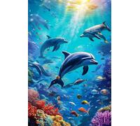 5D Diamond Painting Kit Complet, DIY Pintura de Diamante, Delfines animales Pintar Dibujos con Diamantes Cuadro Bordado Punto de Cruz para Adultos Niños Decoración de Pared Hogar 60x90cm