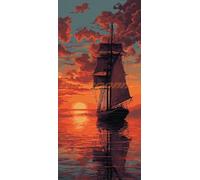 5D Diamond Painting Kit Completo Adultos, Barco de vela Diamond Painting Niños Punto de Cruz Kit, DIY Pintura de Diamante Dibujos con Diamantes, Home Decor (50x100 cm/19.6x39.3 In Puesta de sol)