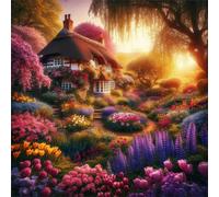 5D Jardín de la cabaña Diamond Painting,Diamond Painting Kit Completo Adultos DIY Vista del atardecer Pintura de Diamantes Bordado Punto de Cruz Artes para Hogar Pared Decor Square Drill,60x60cm