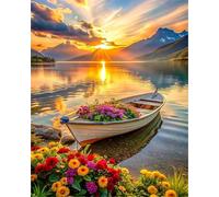 5D Lago del barco al amanecer Diamond Painting Kit Completo,Diamond Art Kit para Adultos,DIY Round Rhinestones Bordado Punto Pintura de Cruz Diamantes Manualidades para Decoración Hogar 30x40 cm