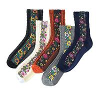 5Pairs Reshline Socks,Vintage Embroidered Floral Socks,Women Nordic Stripe Flower Socks Wool Socks Thick Knit Vintage Winter Warm Cozy Crew Socks