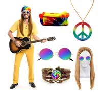5PCS Accesorios Hippie Hombre, Conjunto de Disfraces de Hippies Set, Accesorios Retro Estilo Años 60 y 70 Disfraz Hippie Carnaval Costume para 70s 80s Tema Fiesta Cosplay Halloween