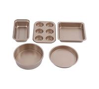 5PCS Carbon Steel Bakeware Set, Nonstick Baking Pans Set with Cake, Muffin, Cookie Sheet Loaf Pans Pizza Mold Baking Tray for Home Kitchen Oven (Gold)