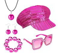 5pcs Discoteca Disfraz Años 70s, Disco Fancy Dress Glitter Hat Abba con Lentejuelas Hat Bling Gafas de Sol Collar Nracelet Pendientes Disco Accesorios Mujeres70s 80s Disco Theme Party