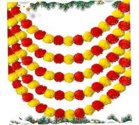 5pcs Marigold Guirnalda 5 pies Flores de caléntula Artificial de Navidad con Anillo Colgante Red & Orange Diwali Garland para Diwali Festival Christmas Indian Weddings Decor..