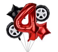 5uds Globos Cumpleaños Auto Carreras, Set Decoración Cumpleaños con Globo Número Pista 96cm Globos Papel Aluminio en Forma Llanta y Estrella Suministros Fiesta Tema Auto Rojo Negro Niños (4)
